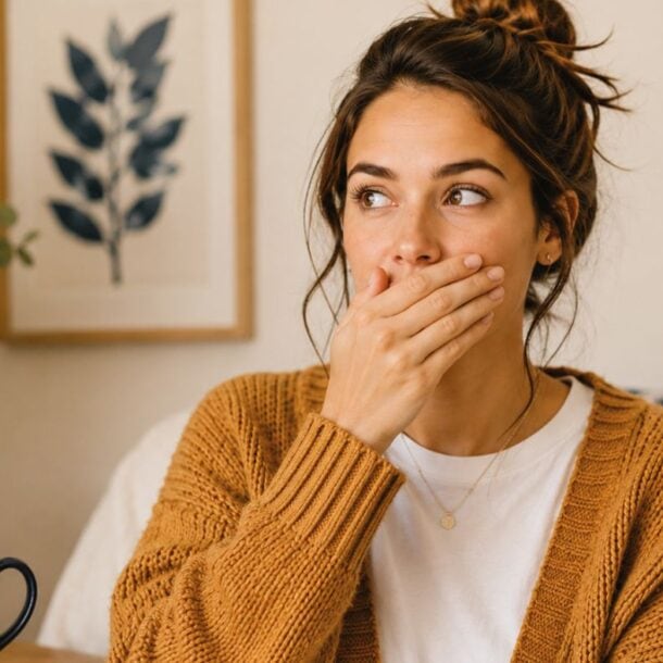 A woman wearing a brown sweater covers her mouth with her hand, looking to the side as if searching for hiccup remedies. She sits indoors near a blue mug and framed botanical art on the wall.