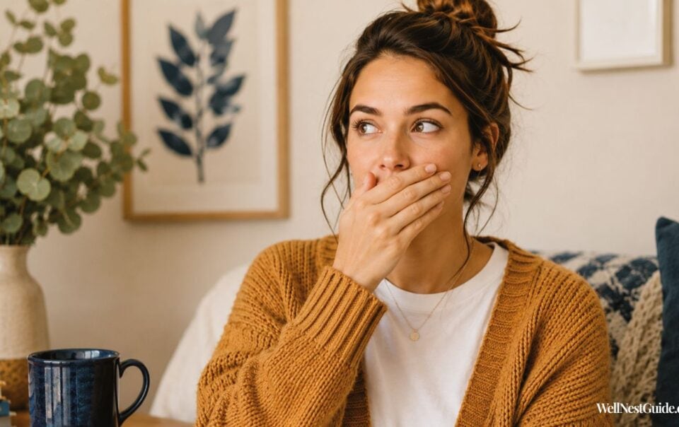 A woman wearing a brown sweater covers her mouth with her hand, looking to the side as if searching for hiccup remedies. She sits indoors near a blue mug and framed botanical art on the wall.
