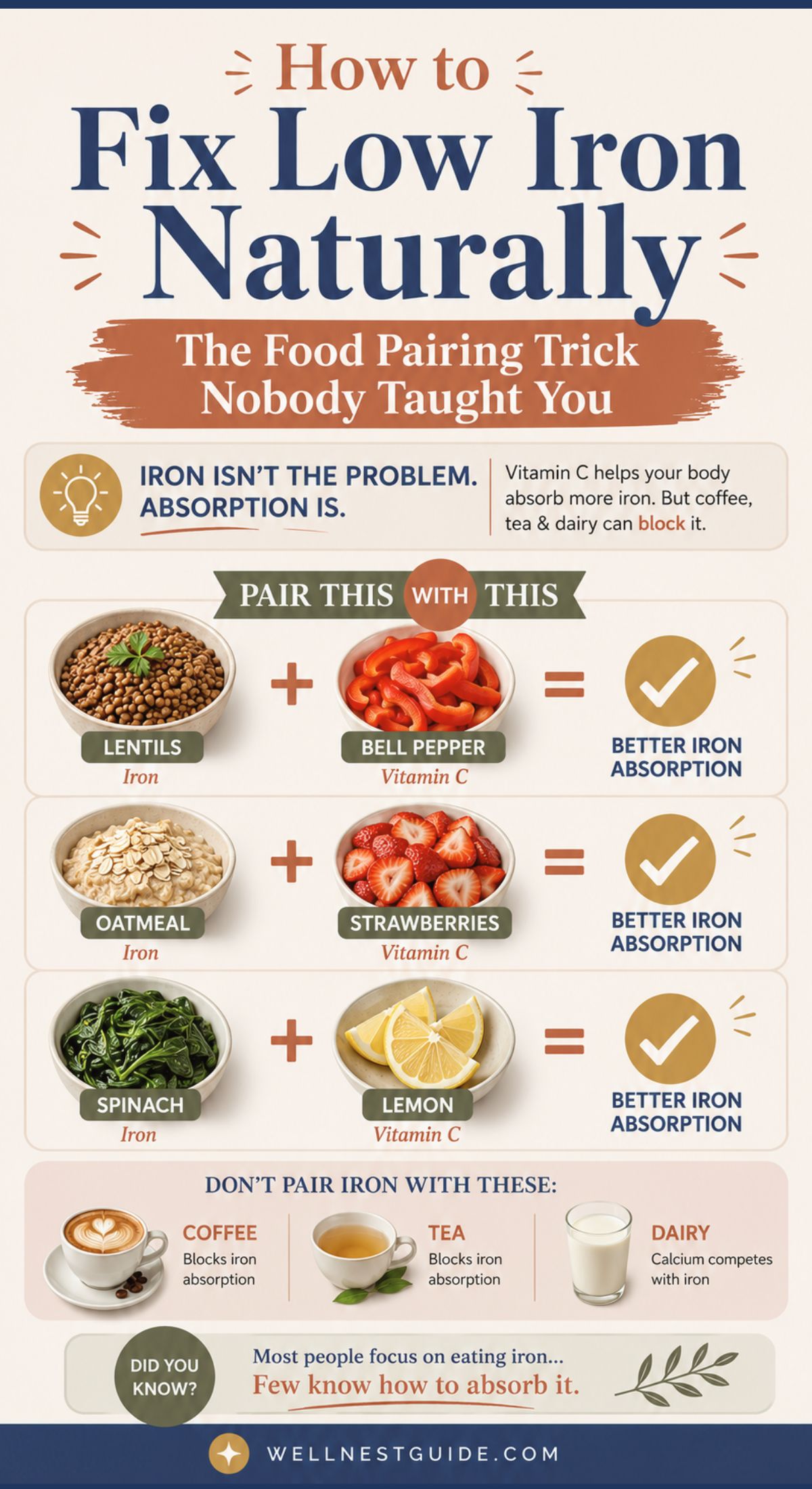 Infographic explains how to absorb more iron by pairing iron-rich foods (lentils, oatmeal, spinach) with vitamin C sources like bell pepper, strawberries, and lemon, and warns that coffee, tea, and dairy can block iron absorption.