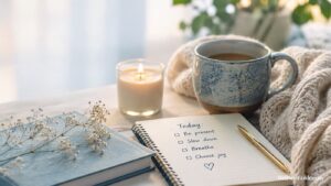 A cozy scene with a notebook, pen, coffee cup, candle, and flowers invites you to stop living on autopilot. The notebook lists: Be present, Slow down, Breathe, Choose joy—with boxes to check for gentle daily tweaks. Sunlight streams in, creating a calm atmosphere and helping you feel more present in each moment.