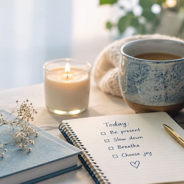 A cozy scene with a notebook, pen, coffee cup, candle, and flowers invites you to stop living on autopilot. The notebook lists: Be present, Slow down, Breathe, Choose joy—with boxes to check for gentle daily tweaks. Sunlight streams in, creating a calm atmosphere and helping you feel more present in each moment.