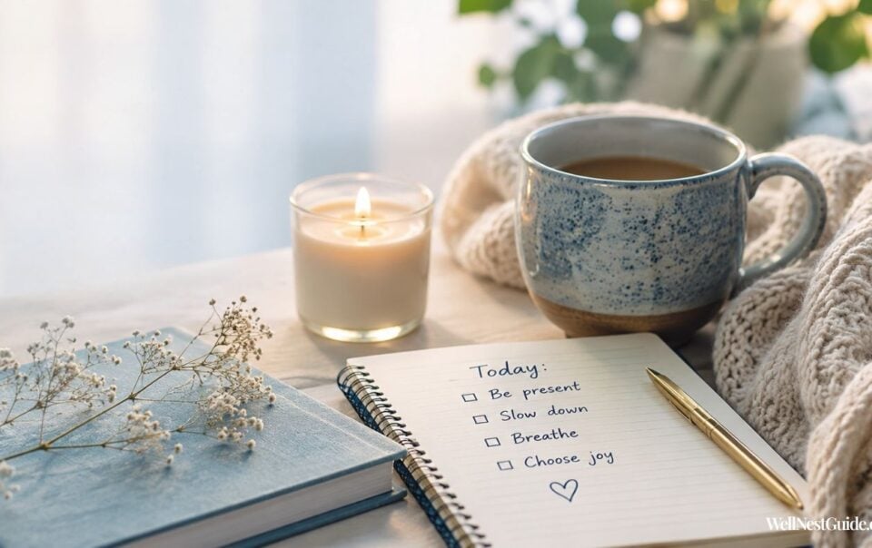 A cozy scene with a notebook, pen, coffee cup, candle, and flowers invites you to stop living on autopilot. The notebook lists: Be present, Slow down, Breathe, Choose joy—with boxes to check for gentle daily tweaks. Sunlight streams in, creating a calm atmosphere and helping you feel more present in each moment.