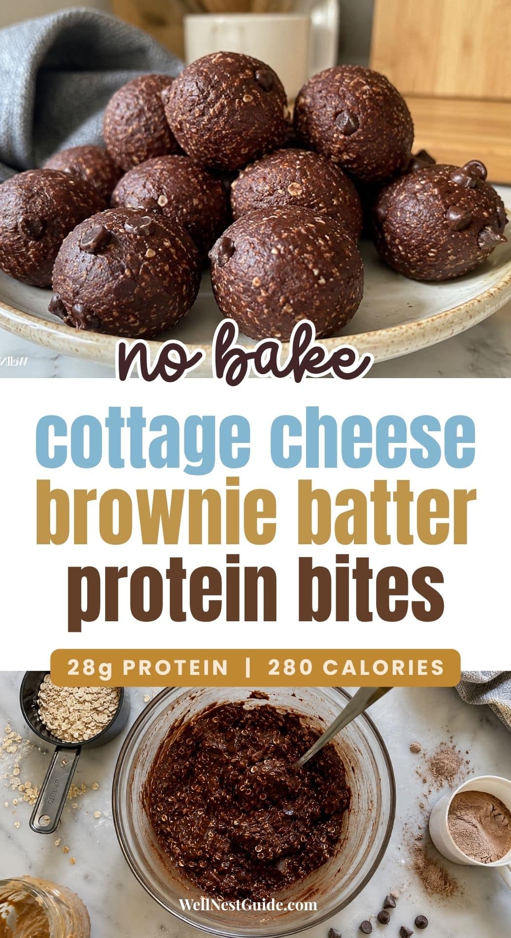 A plate stacked with round Cottage Cheese Brownie Batter Protein Bites, speckled with oats and chocolate chips, sits on a marble countertop with a blurred mug and a gray cloth in the background.