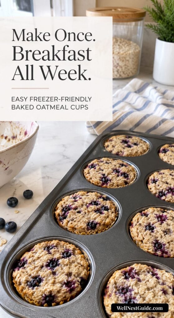 A muffin tin filled with high-protein baked oatmeal cups with blueberries, on a kitchen counter next to a bowl, loose blueberries, and jars. Text reads: “Make Once. Breakfast All Week. Easy Freezer-Friendly Baked Oatmeal Cups—try our blueberry cheesecake twist!”.