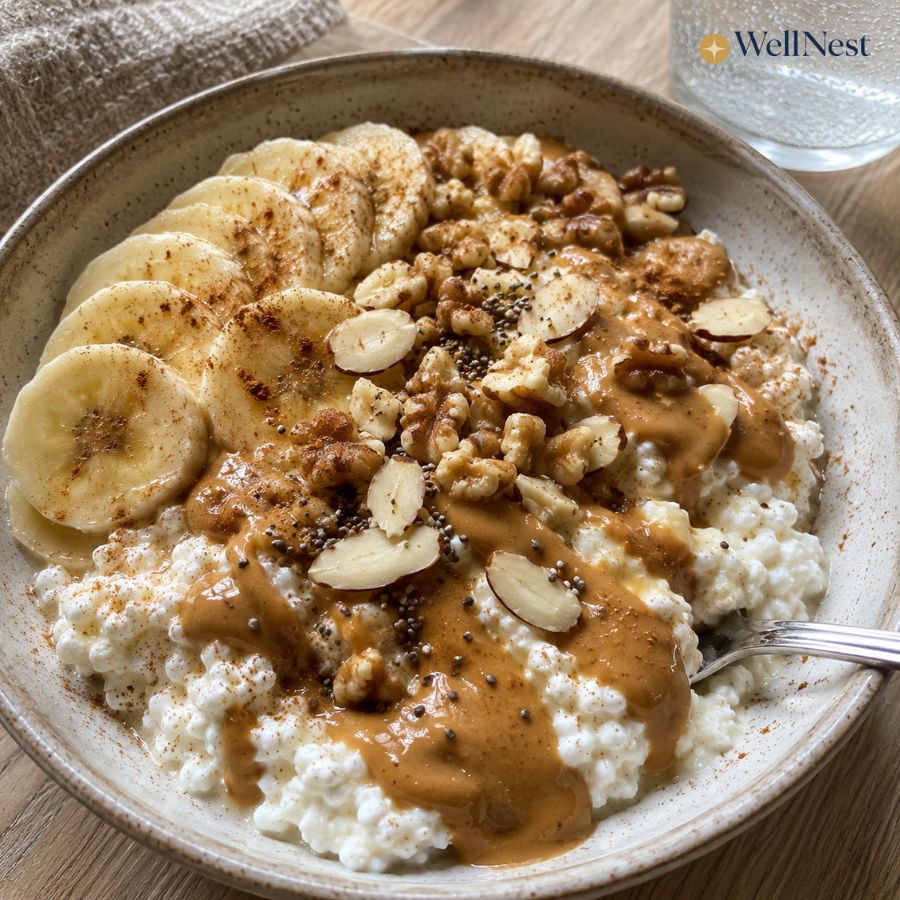 A bowl of cottage cheese topped with sliced banana, walnuts, almond slices, chia seeds, and a generous drizzle of peanut butter—an easy no-cook meal—with a spoon in the bowl and a glass of water in the background.
