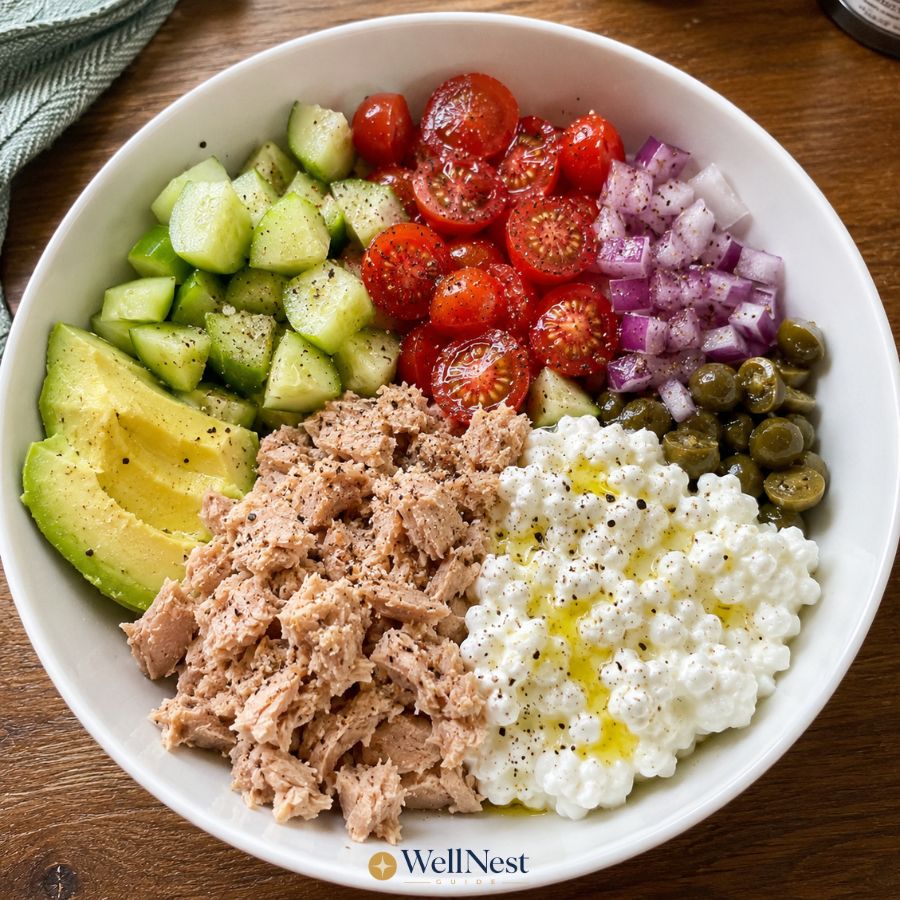 A white bowl filled with sliced avocado, diced cucumber, halved cherry tomatoes, chopped red onion, capers, cottage cheese with olive oil, and flaked tuna—all the ingredients for perfect no-cook meals—arranged in sections on a wooden table.