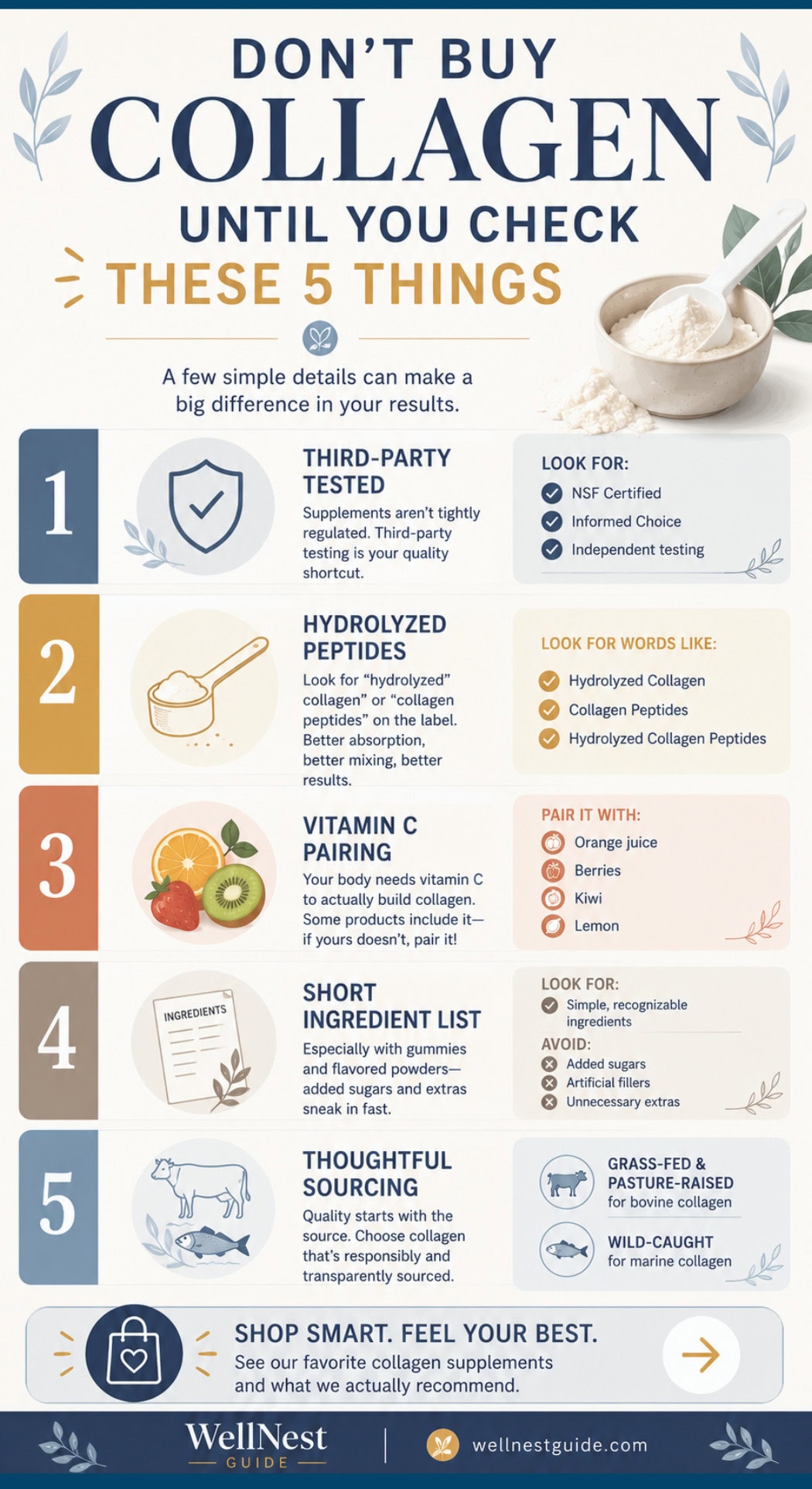 Infographic titled “Don’t Buy Collagen Until You Check These 5 Things,” listing tips for choosing the Best Collagen Supplements like third-party testing, hydrolyzed peptides, vitamin C pairing, no fillers, and thoughtful sourcing with icons.