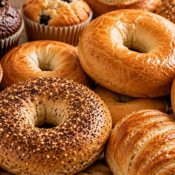 Assorted baked goods including plain and poppy seed bagels, blueberry muffins, chocolate muffins, and flaky croissants arranged closely together—perfect for anyone seeking variety or navigating Zepbound changed taste preferences.
