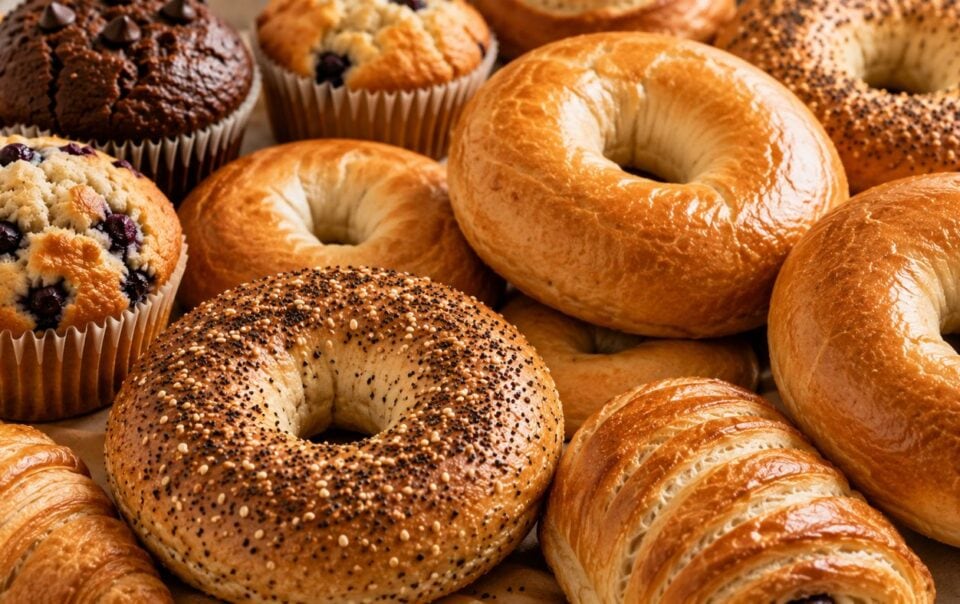 Assorted baked goods including plain and poppy seed bagels, blueberry muffins, chocolate muffins, and flaky croissants arranged closely together—perfect for anyone seeking variety or navigating Zepbound changed taste preferences.
