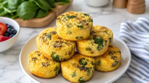 A plate of high-protein Cottage Cheese Egg Bites with spinach and sausage is stacked on a white plate. Fresh spinach, berries, and a striped napkin are nearby on a marble countertop, reminiscent of your favorite Starbucks-inspired breakfast at home.