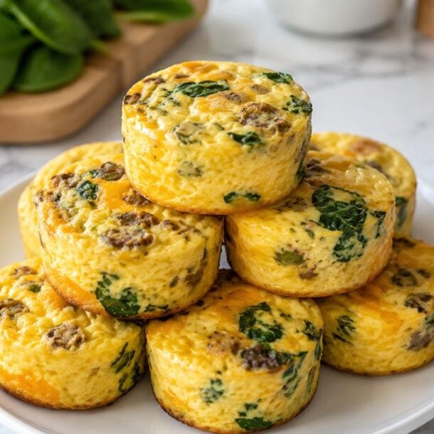 A plate of high-protein Cottage Cheese Egg Bites with spinach and sausage is stacked on a white plate. Fresh spinach, berries, and a striped napkin are nearby on a marble countertop, reminiscent of your favorite Starbucks-inspired breakfast at home.