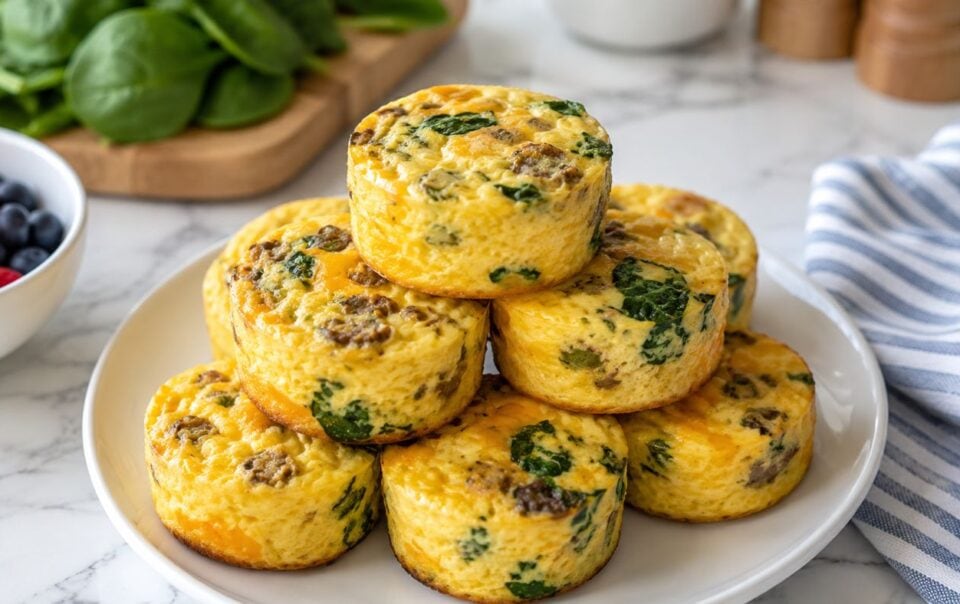 A plate of high-protein Cottage Cheese Egg Bites with spinach and sausage is stacked on a white plate. Fresh spinach, berries, and a striped napkin are nearby on a marble countertop, reminiscent of your favorite Starbucks-inspired breakfast at home.