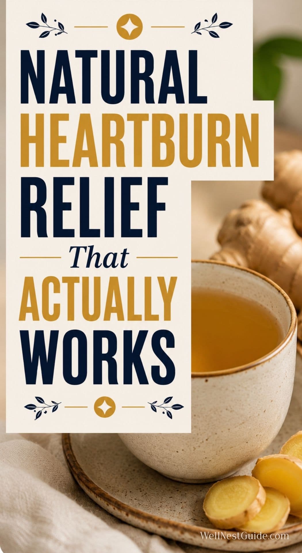 A cup of tea sits next to fresh ginger. Overlaid text reads: “Natural heartburn and acid reflux relief that actually works.”.